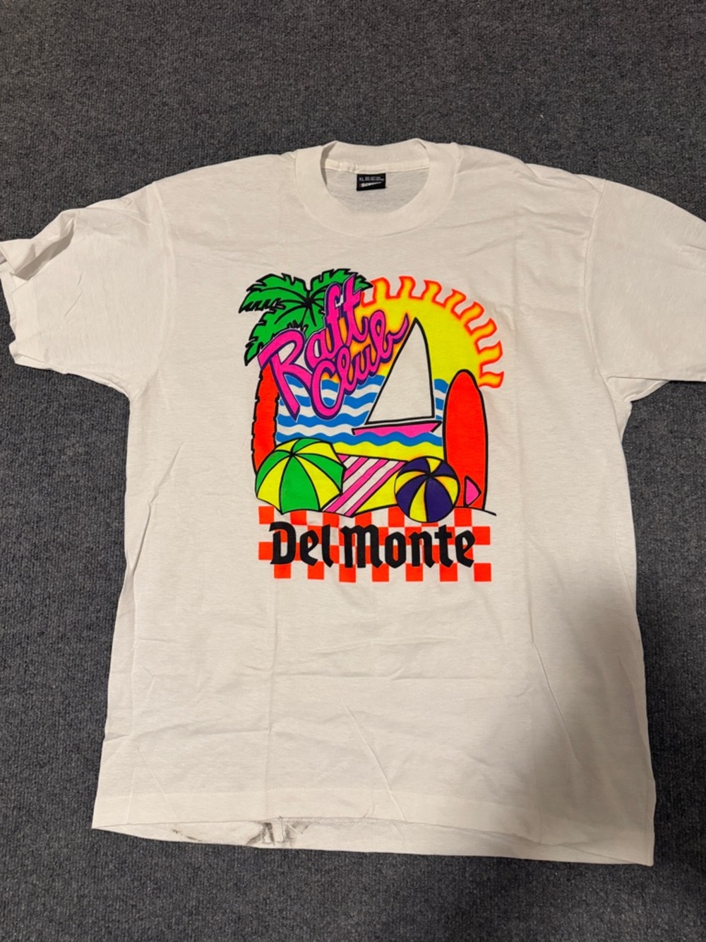 Screen Stars White Tee with Neon Sun Graphic, vintage single stitch